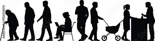 Silhouette illustration showing diverse human life stages and daily activities including walking, working, parenting, shopping, and social interaction.