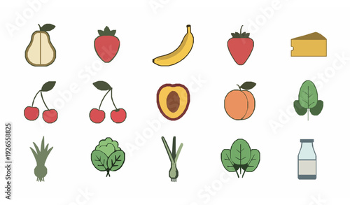 Fresh Produce and Dairy Colorful Line Vector Icon Collection