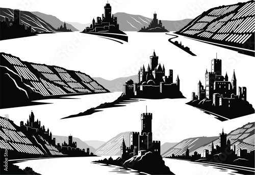 Dramatic black and white vector illustrations of imposing castles situated amidst rolling hills and vineyards, with rivers flowing by, capturing a sense of grandeur and timeless beauty.