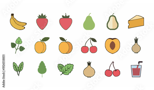Colorful Food and Drink Linear Vector Icons Fruits Vegetables Dairy Set