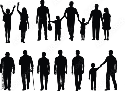 Silhouette illustration showing stages of human life, childhood to old age, family relationships, aging process, community diversity, social concept