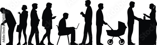 Silhouette people daily activities, elderly with cane, businesswoman, man with phone, laptop worker, stroller parent, lifestyle vector illustration