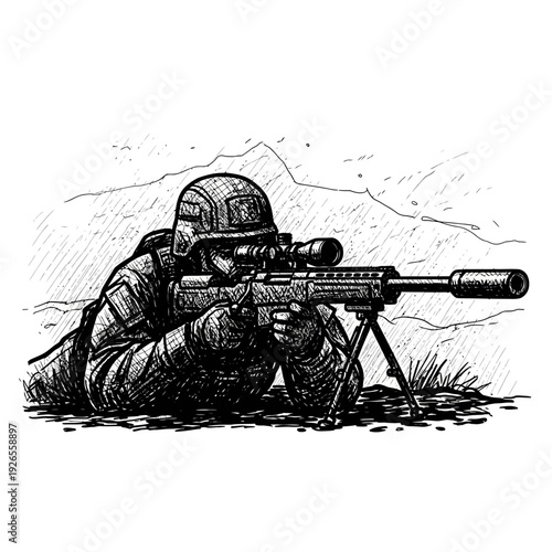 Soldier aiming sniper rifle, sketch style, military theme
