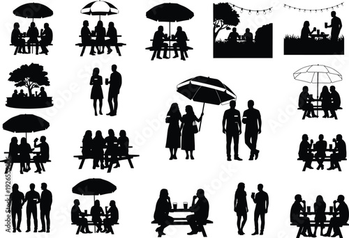 Silhouette collection of people gathering and socializing in outdoor settings, including dining under umbrellas and enjoying drinks, rendered in a modern minimalist style.