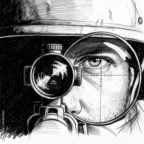 Soldier aiming through sniper scope, close-up eye