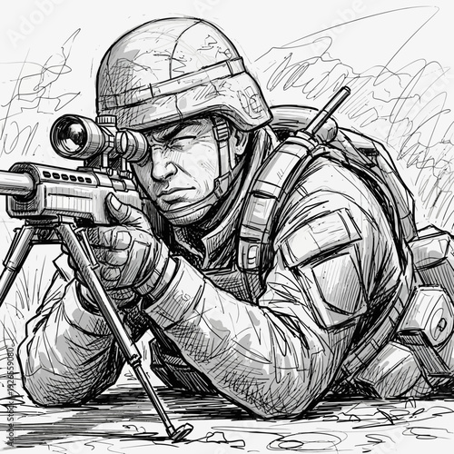 Soldier aiming sniper rifle, wearing helmet and backpack, tactical gear, focused expression