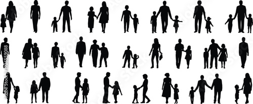 Silhouette vector illustration of diverse family groups including parents, children, couples, walking together, holding hands, unity, caregiving, relationships