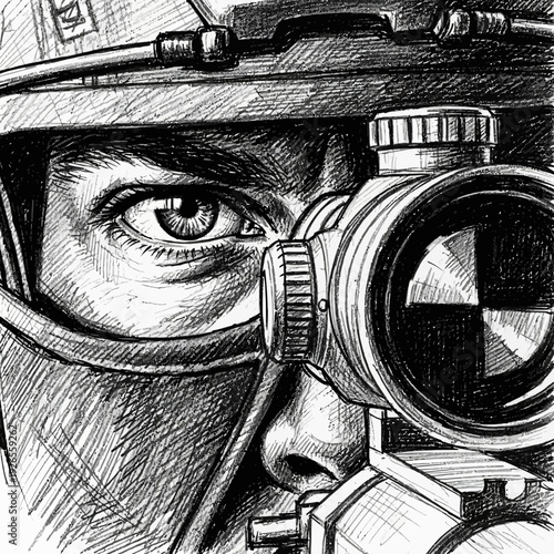 Soldier aiming with rifle scope, intense focus, close-up sketch