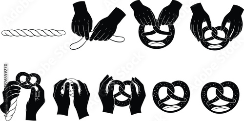 Step-by-step black and white illustration showing hands twisting dough to form a traditional pretzel, from ingredients to baked goods.