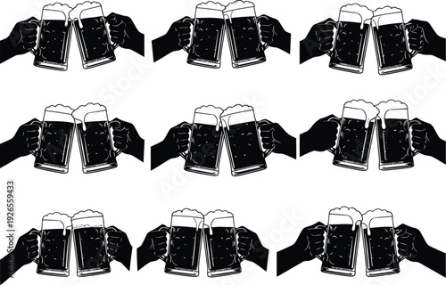 Series of black and white graphic icons depicting hands holding beer mugs in a toasting gesture, symbolizing celebration and camaraderie.