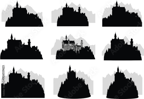 Silhouettes of a famous fairy-tale castle surrounded by trees and mountains, presented in distinct compositions for various design needs.