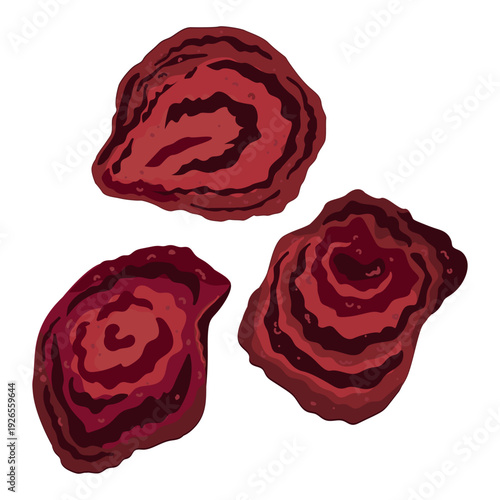Beet dried chip set, a baked thinly slices of beetroot, vector illustration isolated on white