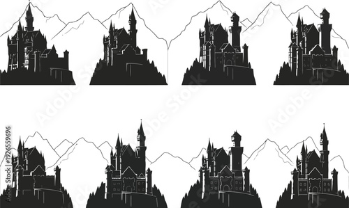 Silhouettes of majestic castles perched atop hills against a backdrop of mountains, presented in a repeating pattern for design elements.