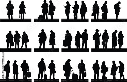 Silhouettes of people waiting in line, suggesting urban commuting, travel, or public transportation, with subtle London Underground-inspired circular icons.