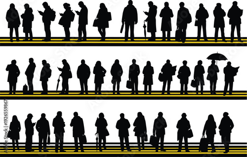 Silhouettes of diverse people walking and waiting on a yellow-lined path, some using phones or reading, evoking urban life and modern routines.