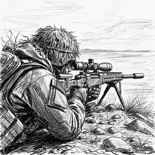 Sniper aiming rifle from camouflaged position in desert landscape