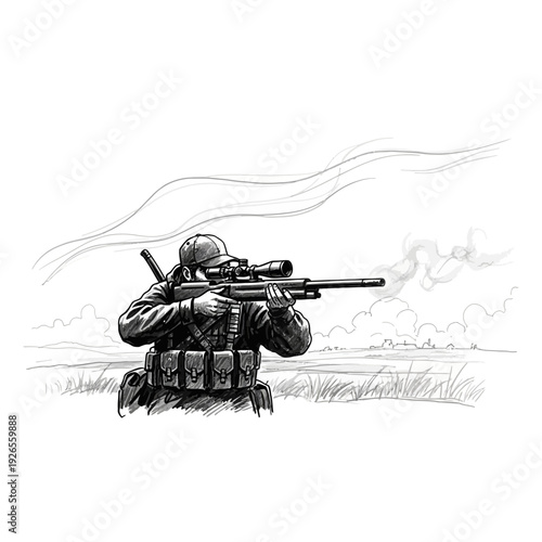 Sniper aiming rifle outdoors, sketch style
