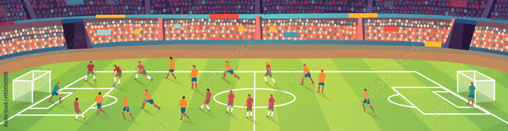Naklejka premium Panoramic vector illustration of a soccer match in a large stadium filled with spectators. Two teams compete on a bright green field with visible pitch markings and goals on both sides. Players run, 