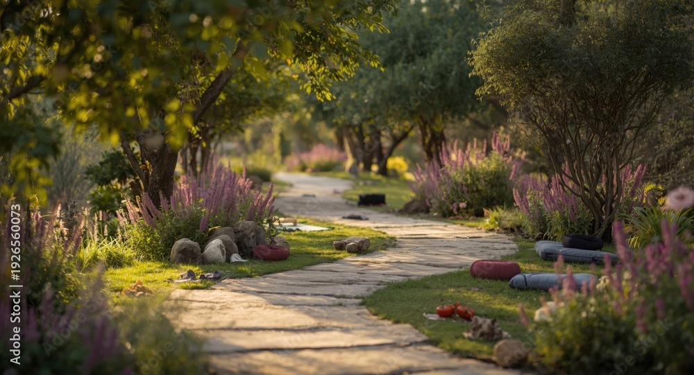 Obraz premium Relaxing female pals enjoying a walk through a yoga retreat setting