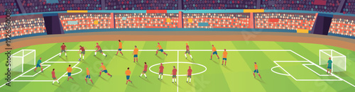 Panoramic vector illustration of a soccer match in a large stadium filled with spectators. Two teams compete on a bright green field with visible pitch markings and goals on both sides. Players run, 