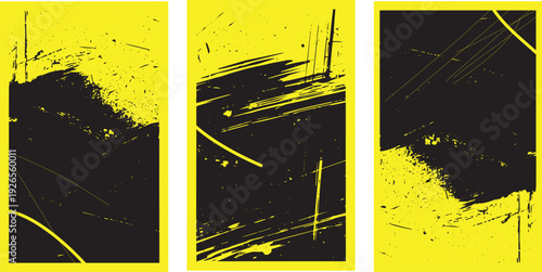 Yellow and black grunge poster templates with dynamic diagonal strokes and splattered ink elements for high contrast urban designs and aggressive sporty layouts with distressed surfaces