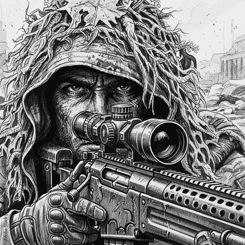 Sniper aiming through scope, camouflage ghillie suit, intense focus, military action