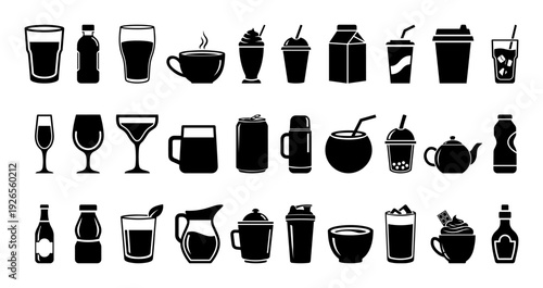 Drinks and Beverages Black Icon Set – Coffee, Tea, Juice and Alcohol Vector Silhouettes.