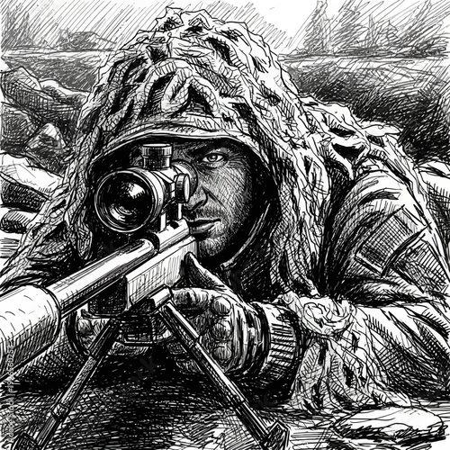 Sniper in camouflage ghillie suit aiming rifle with scope, pen and ink illustration