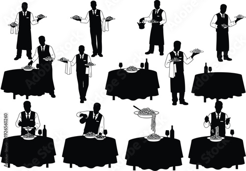 Set of black and white silhouettes of waiters in formal attire serving food and drinks at tables in a restaurant setting.