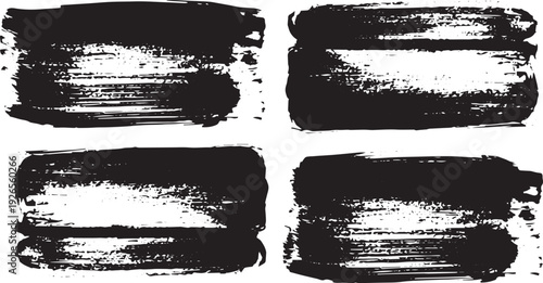 Four grunge texture brush strokes in black on transparent background for graphic design elements and artistic overlays, wide and narrow shapes, horizontal focus