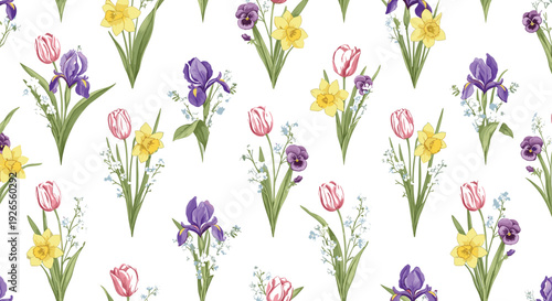 Seamless Spring Floral Pattern with Tulips Daffodils and Irises Watercolor Style Botanical Flowers Repeating Background Vector