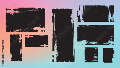 Set of ink brush stroke, black watercolor texture, frame, grunge texture, rough brushstroke, black ink splash, square shape frame, vector illustration