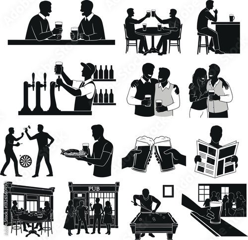 Collection of black and white silhouettes of people enjoying activities in a pub and at a Christmas market, including drinking, playing darts, and shopping.