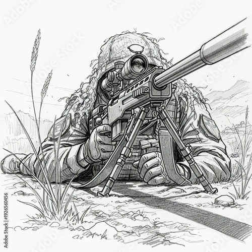 Sniper in Camouflage Suit Aiming Rifle with Scope