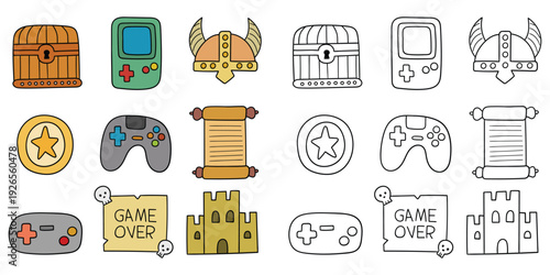 Hand-drawn cartoon and doodle set of video game elements on a white background.
