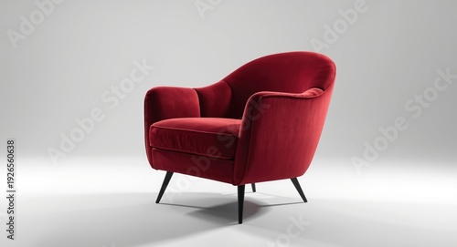 Iconic armchair showing red velvet upholstery combined with black metal legs in a white studio background