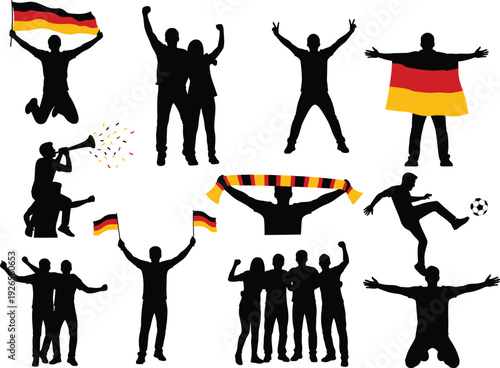 German football fans celebrating with flags, scarves, and cheering at a match, promoting team spirit.