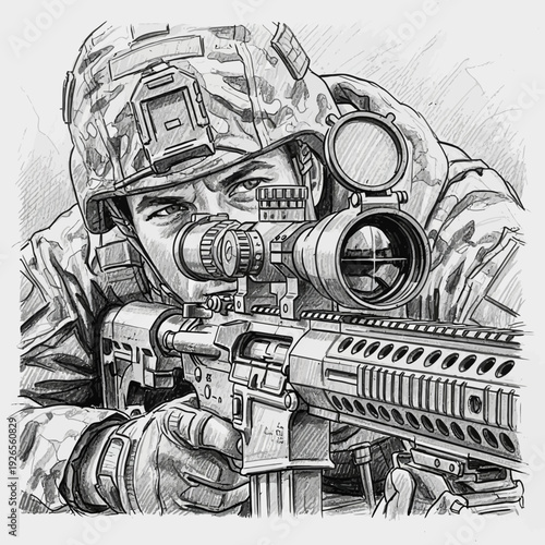 Soldier aiming rifle with scope, close-up sketch.