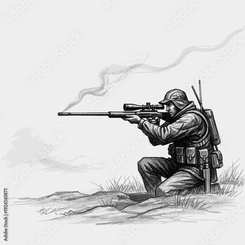 Soldier aiming rifle with scope, smoke from barrel, crouching pose, outdoor setting