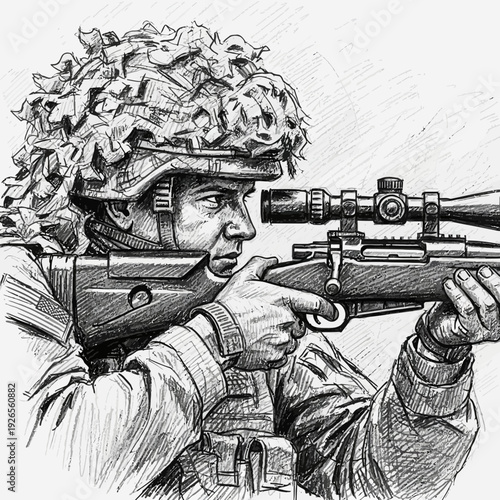 Soldier aiming rifle with scope, sketch