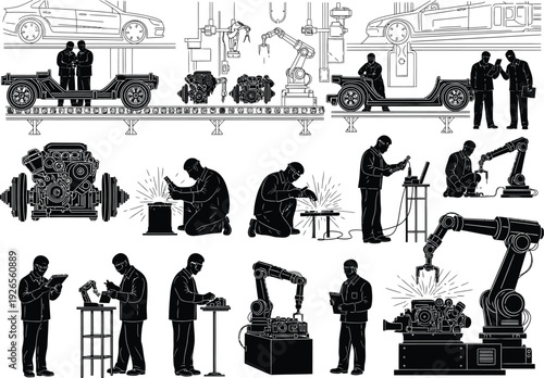 Industrial automation and automotive manufacturing process silhouettes, including robotic arms and car assembly.