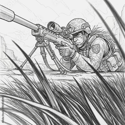 Soldier aiming sniper rifle from grass, military surveillance, tactical operation