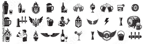 Beer bar and brewery icon set with mug, bottle, cocktail, bartender, keg, wings, flame and trident symbols, vector silhouette collection on transparent background