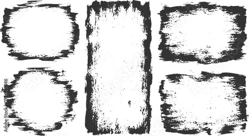 Foto Set of grunge texture frames and shapes in black on transparent background abstr