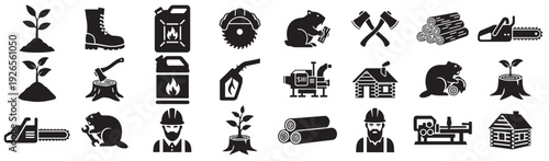 Logging and forestry icon set with lumberjack, chainsaw, axe, saw, timber logs, cabin, fuel can and beaver, vector silhouette collection on transparent background