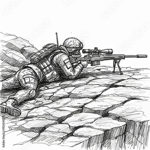 Soldier aiming sniper rifle from rocky terrain, military action illustration