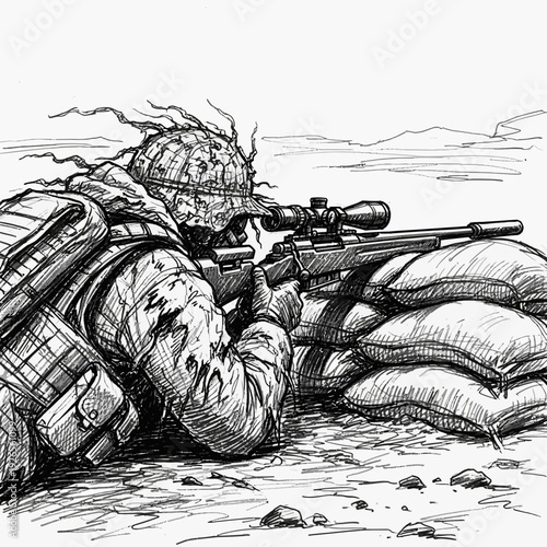 Soldier aiming sniper rifle from sandbag cover, military action illustration