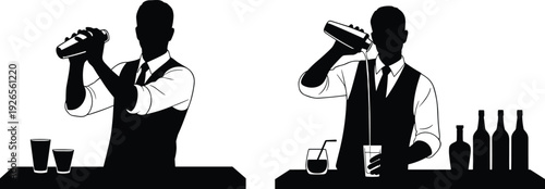 Bartender silhouette artwork, cocktail shaker illustration, drink pouring design, bar counter concept, mixology profession art, alcohol beverage preparation composition