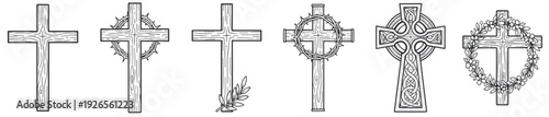 Christian cross collection with wooden crucifix, crown of thorns, celtic cross and wreath ornament, vintage line vector set on transparent background