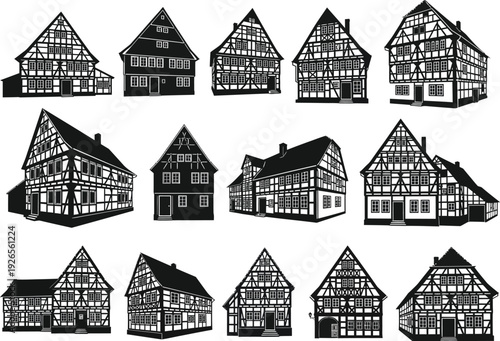 Set of black and white vector illustrations depicting various charming timber-framed European houses.